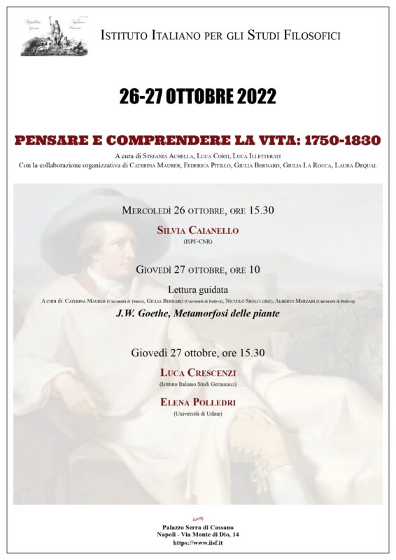 Workshop: "Pensare e comprendere la vita: 1750-1830" (IISF Napoli, 26-