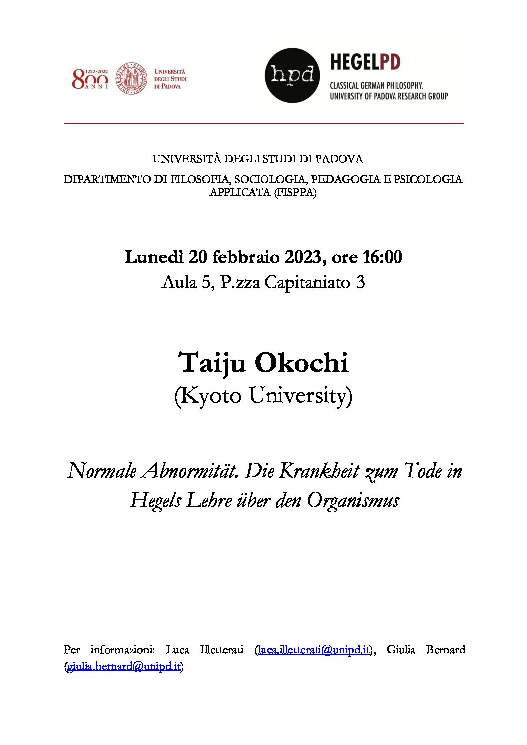 Lecture: Taiju Okochi, “Normale Abnormität. Die Krankheit zum Tode in Hegels Lehre über den Organismus” (Padova, 20 February 2023)
