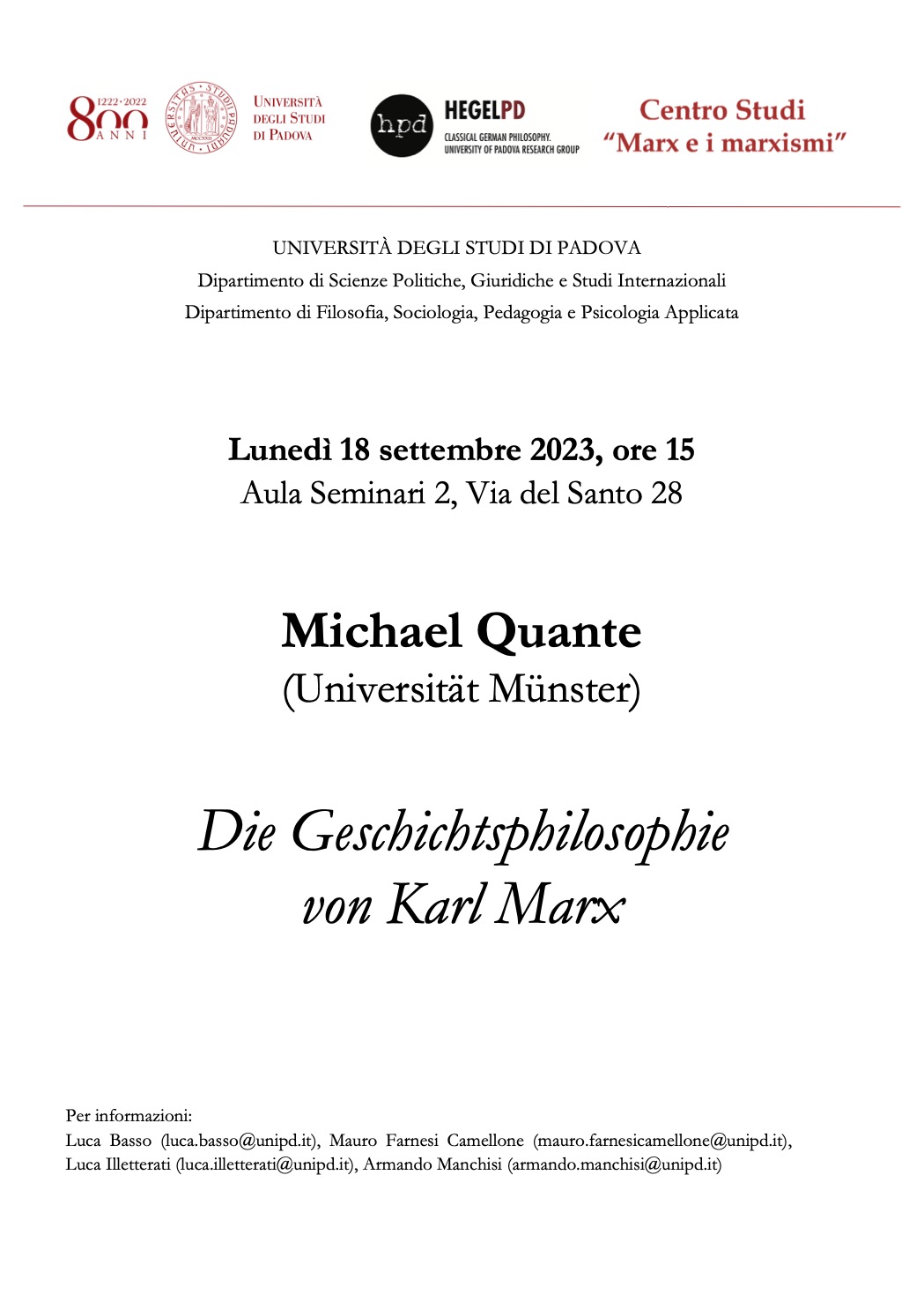 Lecture: Michael Quante, “Die Geschichtsphilosophie von Karl Marx” (Padova, 18 September 2023)