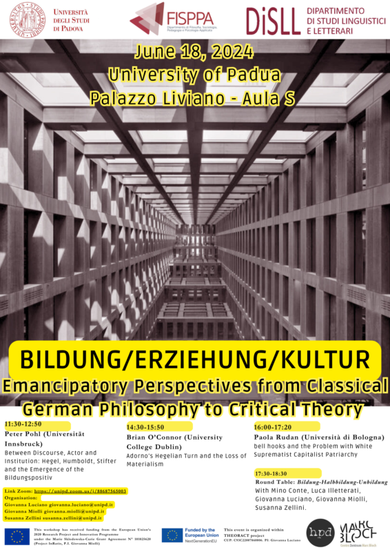 Workshop: "Bildung/Erziehung/Kultur: Emancipatory Perspectives from Classical German Philosophy to Critical Theory" (Padova, June 18, 2024)