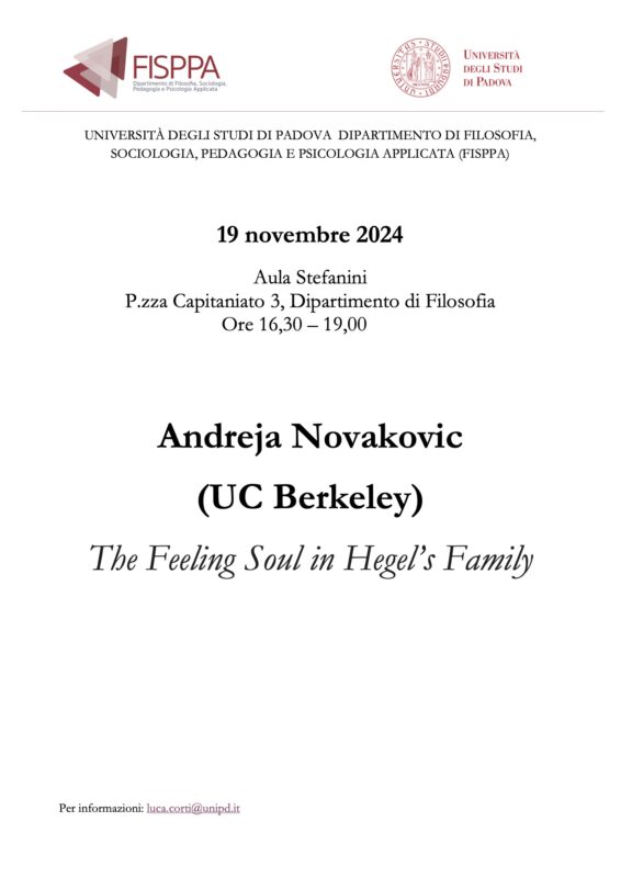 Talk, Andreja Novakovic, "The Feeling Soul in Hegel’s Family", Padua, 19 November 2024